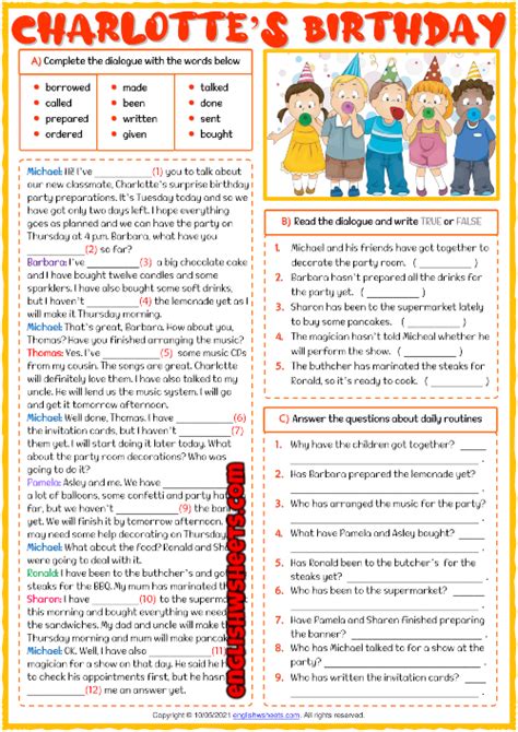 Present Perfect Tense Esl Dialogue Comprehension Exercises Worksheet