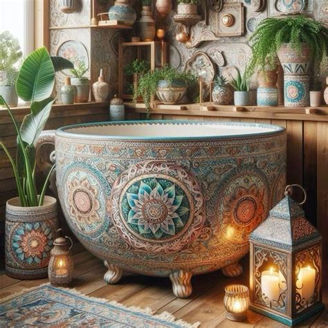boho bathing  ornate bathtub  potted plants