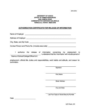 Fillable Online Hawaii Authorization Certificate For Release Of