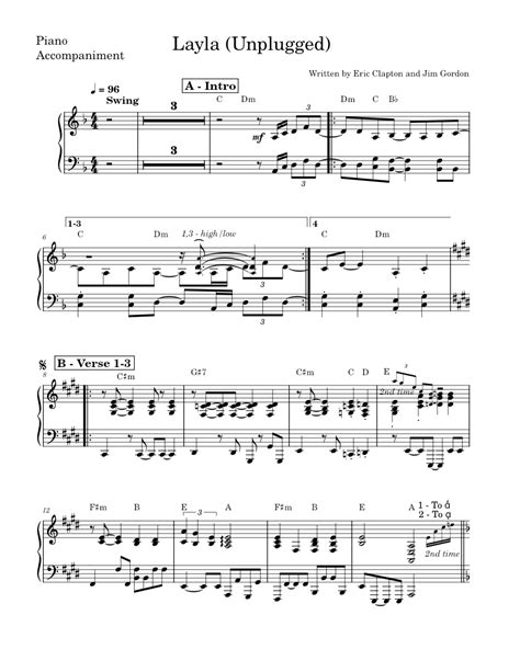 Layla Eric Clapton Unplugged Piano Accompaniment Sheet Music For