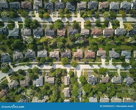 Drone Wide View of American New Suburb at Summertime. Establishing Shot ...