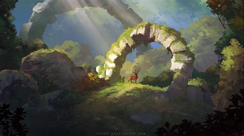 Sylvain Sarrailh, artwork, deer, ruins, fantasy art, forest, trees ...