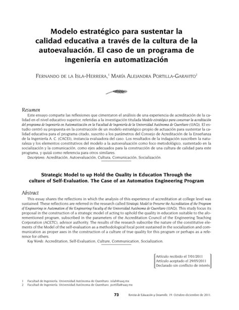 Modelo Estrat Gico Para Sustentar La Calidad Educativa A Trav S De La