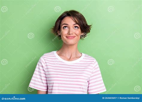 Photo Of Optimistic Bob Hairdo Millennial Lady Look Up Wear White