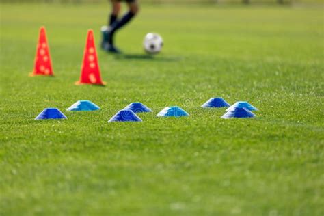 Football Grass Training Field. Soccer Equipment on Grass Pitch Stock Photo - Image of game ...