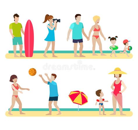 Flat People Family on Beach Sea: Surfer, Volleyball, Couple Stock ...