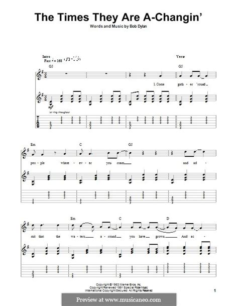 The Times They Are A-Changin' by B. Dylan - sheet music on MusicaNeo