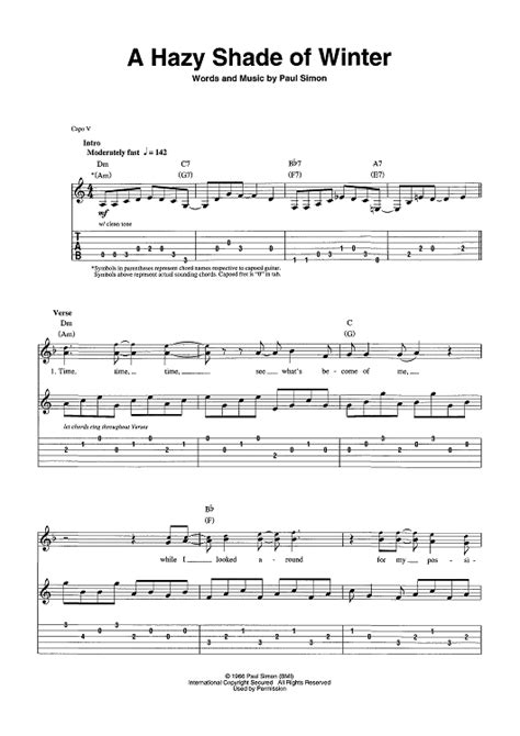 A Hazy Shade Of Winter Sheet Music By Simon And Garfunkel For Guitar Tab