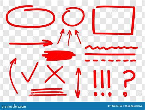 Hand Drawn Set Of Vector Red Marks Arrows Ingles Lines Amendments