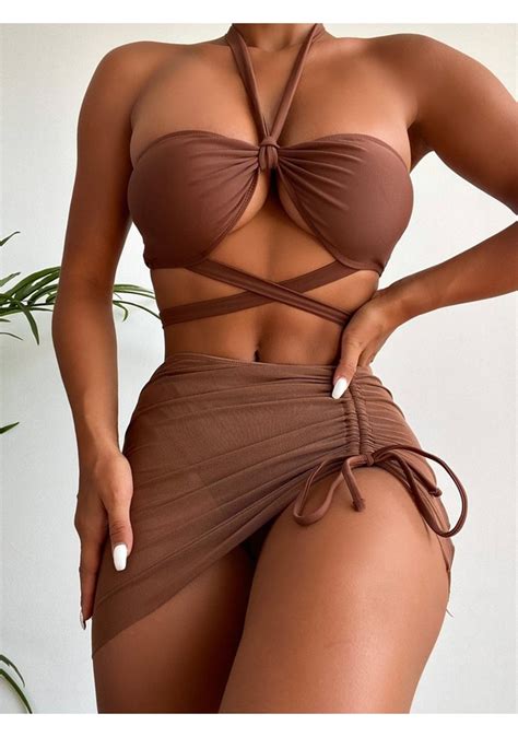 3 Parça Bikini Kadın Mayolar Halter Bikini Set Bandaj Kadın Mayo Mayo Beachwear Yüzme Takım