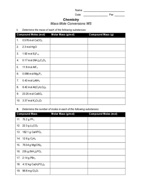 Fillable Online Chapter 10 Day 4 Mass Mole Conversions Worksheet 1