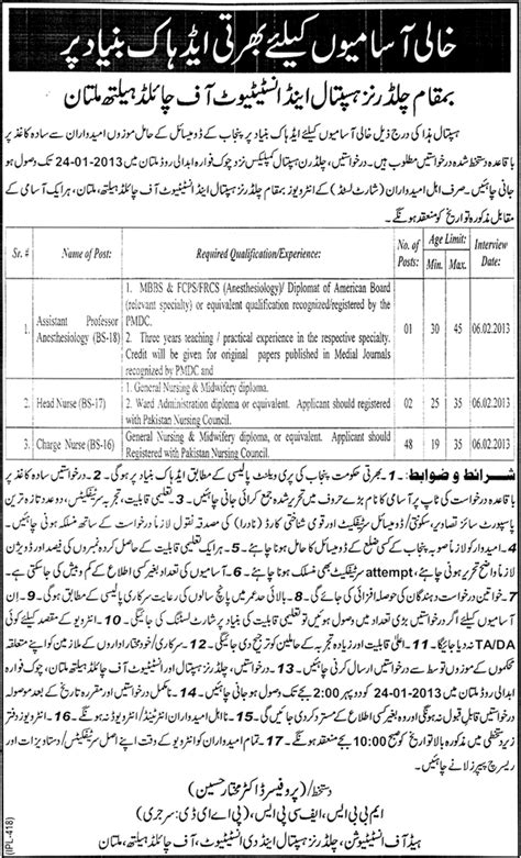 Children Hospital And Institute Of Child Health Multan Jobs 2013 In