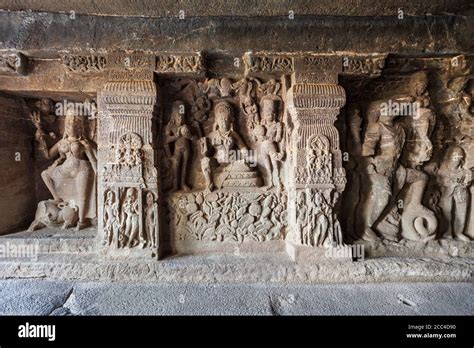 Relief carvings at Kailasa or Kailash Temple at the Ellora Caves in ...
