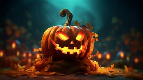 Spooky Pumpkin 3d Render In Halloween Scene Background, Pumpkin ...