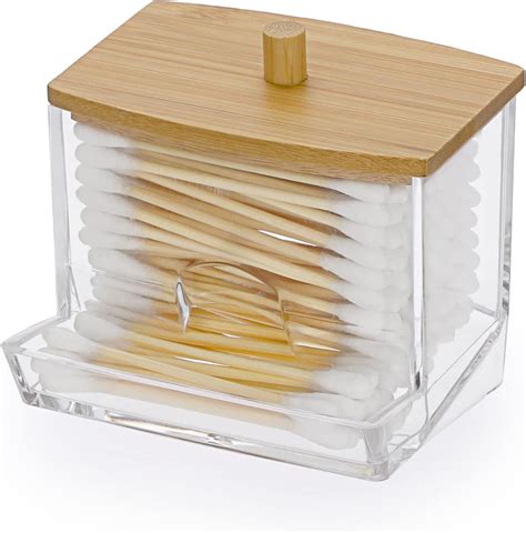 Acrylic Q Tip Holder With Bamboo Lid Clear Q Tips Dispenser Bathroom