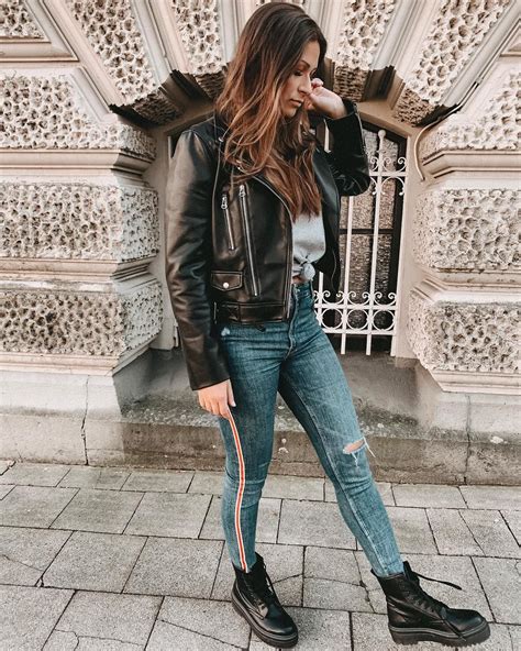 Woman In Leather Jacket Jeans And Dr Martens Doc Martens Leather