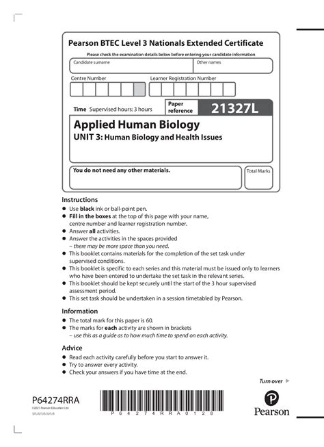 Btec Level 3 Nationals Extended Certificate 21327l Applied Human Biology Unit 3 Human Biology