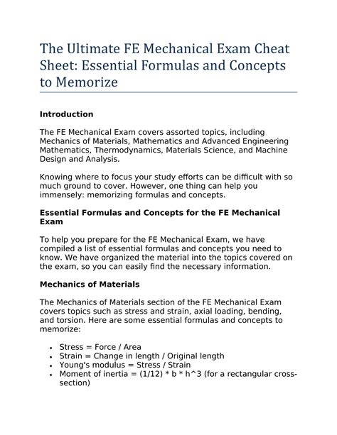 The Ultimate FE Mechanical Exam Cheat Sheet Essential Formulas And