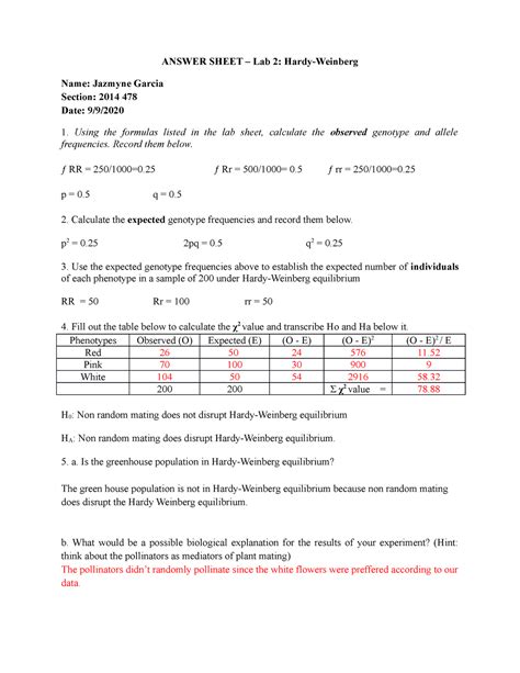 Hardy Weinberg Lab Pop Gen Lab ANSWER SHEET Lab 2 Hardy Weinberg