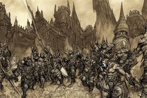 Group Of Orcs Storming A Castle In The Style Of Greg Stable