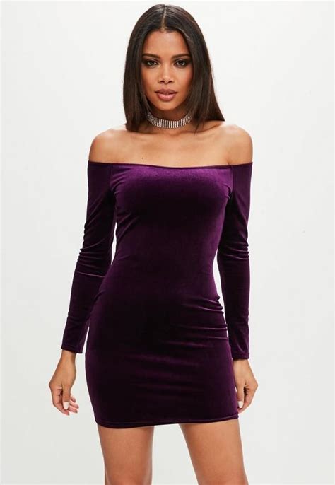 Purple Long Sleeve Velvet Bardot Bodycon Dress Velvet Bodycon Dress