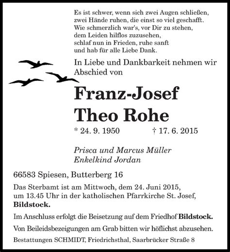 Traueranzeigen Von Franz Josef Theo Rohe Saarbruecker Zeitung Trauer De