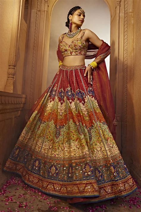 Buy Multi Color Blouse And Lehenga Raw Silk Print Persian Mehvish Bridal Set For Women By