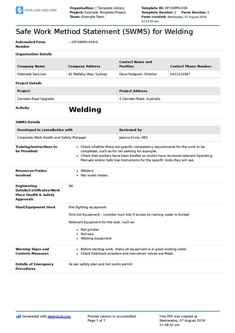 Welding Safe Work Method Statement Free Welding Swms Doc