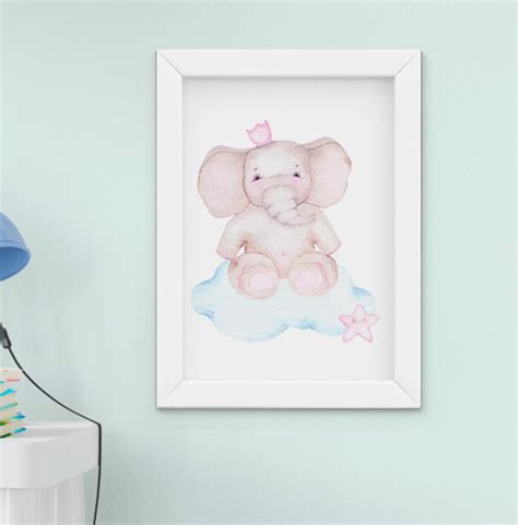 Quadro Bebê Infantil Menina Elefante Nuvem Balão Aquarela Elo7