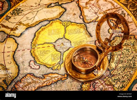 Vintage Still Life Vintage Compass Lies On On The Ancient Map Of The