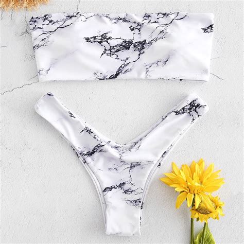 ZAFUL Marble Print Strapless Bikini 2019 High Cut Bandeau Bikini