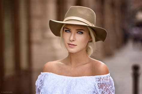 Depth Of Field Face Blue Eyes Hat Blonde Bare Shoulders Eva