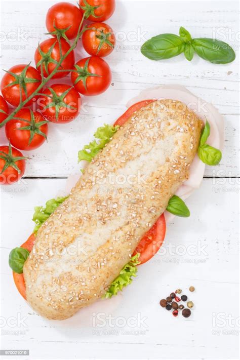 Sub Sandwich Whole Grain Grains Baguette With Ham Portrait Format Stock