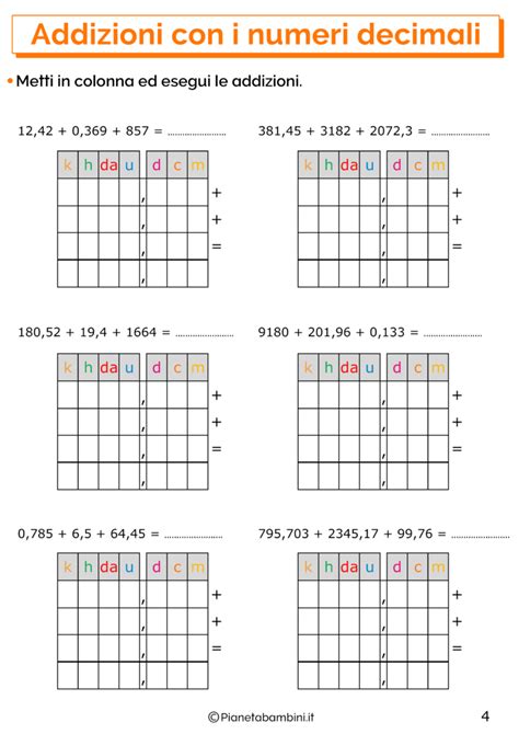 Esercizi Sulle Addizioni In Colonna Con I Numeri Decimali