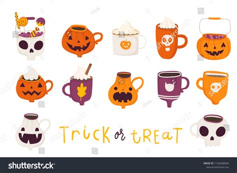Cute Halloween Set Illustrations Mugs Hot vector de stock libre de regalías 1140268640