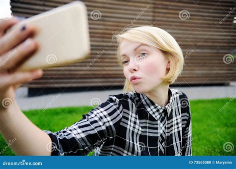 Young Woman Taking Selfie With Smart Phone Stock Photo Image Of