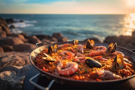 Paparella Beira Mar - Paella de frutos do mar tradicional na panela em uma mesa à beira-mar ...