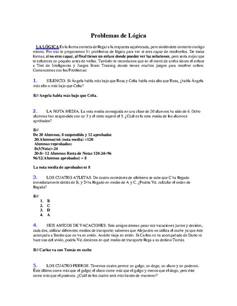 HOJA DE TRABAJO DE LOGICA - Problemas de Lógica LA LÓGICA Es la forma