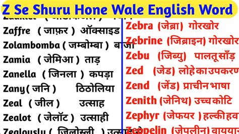 Z Se Shuru Hone Wale English Word Z Se Word Z Se Word Meaning