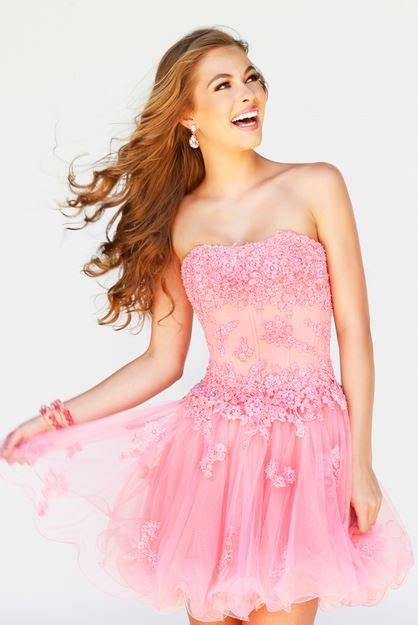 A Line Strapless Short Pink Tulle Lace Floral Sweet 16 Prom Dress