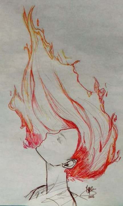 A Drawing Of A Woman S Head With Red And Yellow Flames Coming Out Of