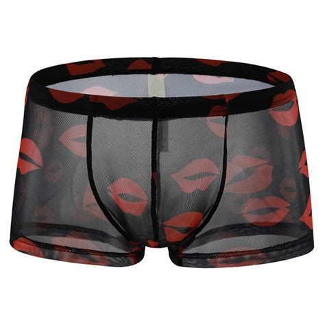 Boxers For Men Sexy Lip Print Stretch Shorts Mesh Arrow Panties Briefs