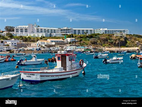 Sagres fishing boats and the Memmo Baleeira Hotel, Algarve, Portugal ...