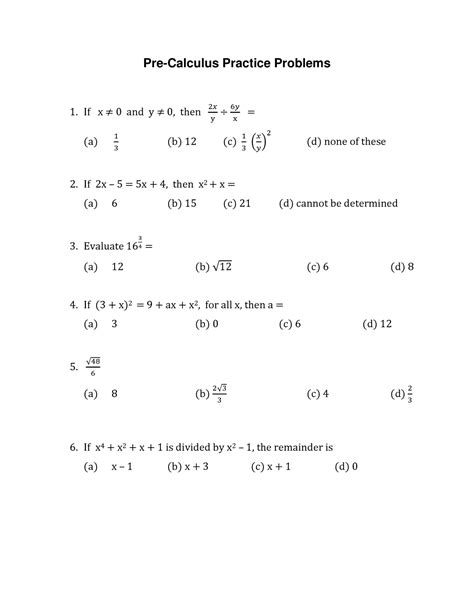 ADM Pre Calc Practice Problems Pre Calculus Practice Problems 1 If X