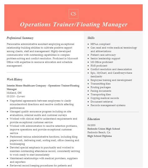 Floating Training Manager Resume Example