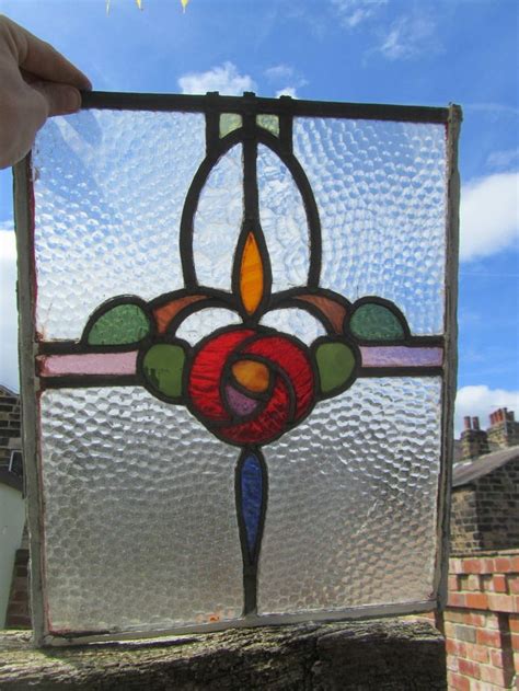 Antique Stained Glass Leaded Window Panel Floral Red Yellow Green Purple Old Antique Stained