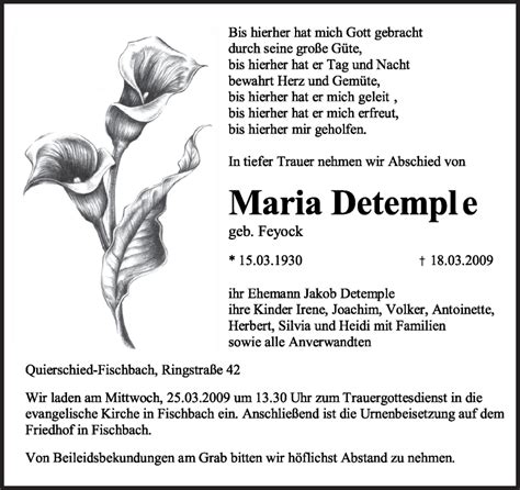 Traueranzeigen Von Maria Detemple Saarbruecker Zeitung Trauer De