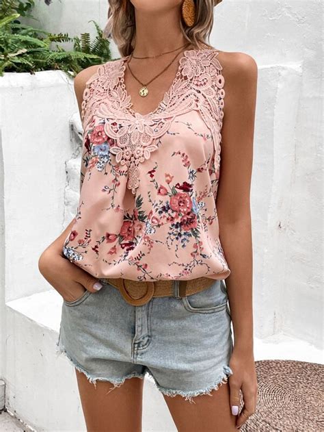 Shein Vcay Floral Print Guipure Lace Panel Blouse Shein Usa