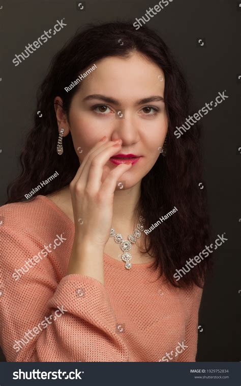 Studio Portrait Brunette Peach Dress He Stock Photo 1929752834 Shutterstock