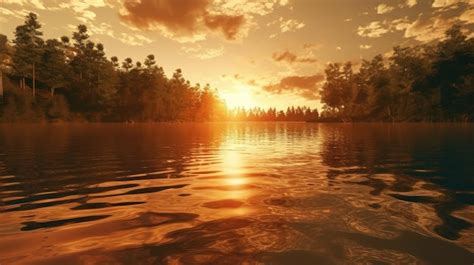 Premium AI Image | A sunset over a river with a forest in the background.